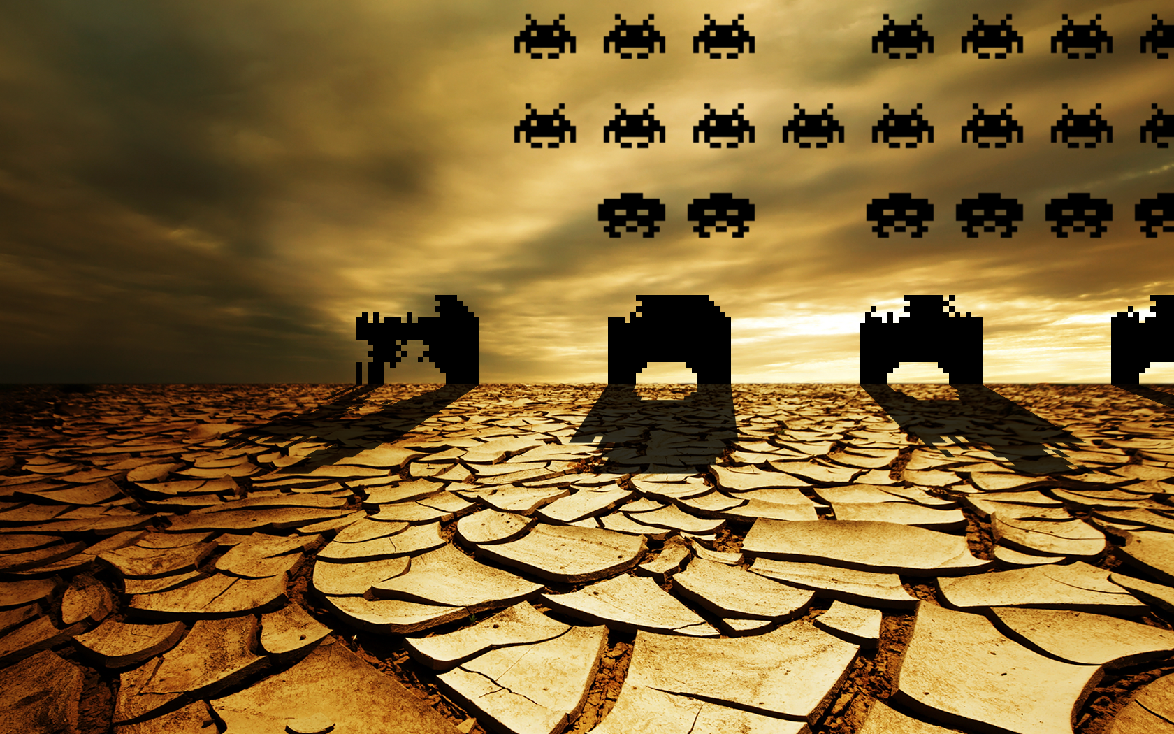space, Invaders, Cracked, Classic, Atari, Desert, Landscapes Wallpaper
