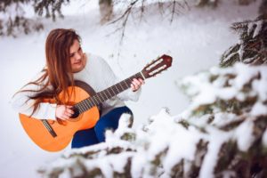 winter, Snow, Landscape, Nature, Girl, Mood, Music, Guitar