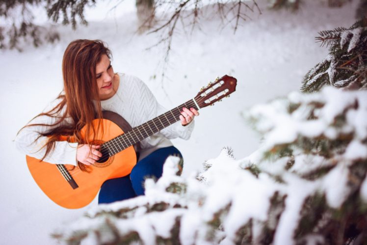winter, Snow, Landscape, Nature, Girl, Mood, Music, Guitar HD Wallpaper Desktop Background