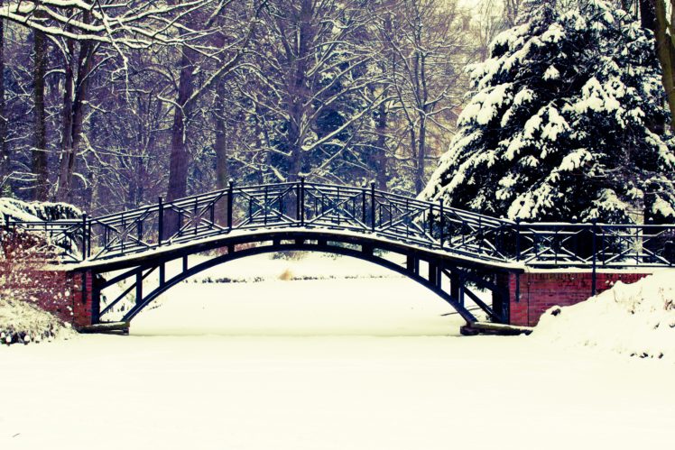 winter, Snow, Landscape, Nature, Bridge, River HD Wallpaper Desktop Background