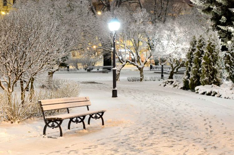 winter, Snow, Landscape, Nature, Bench, Lamp, Post HD Wallpaper Desktop Background