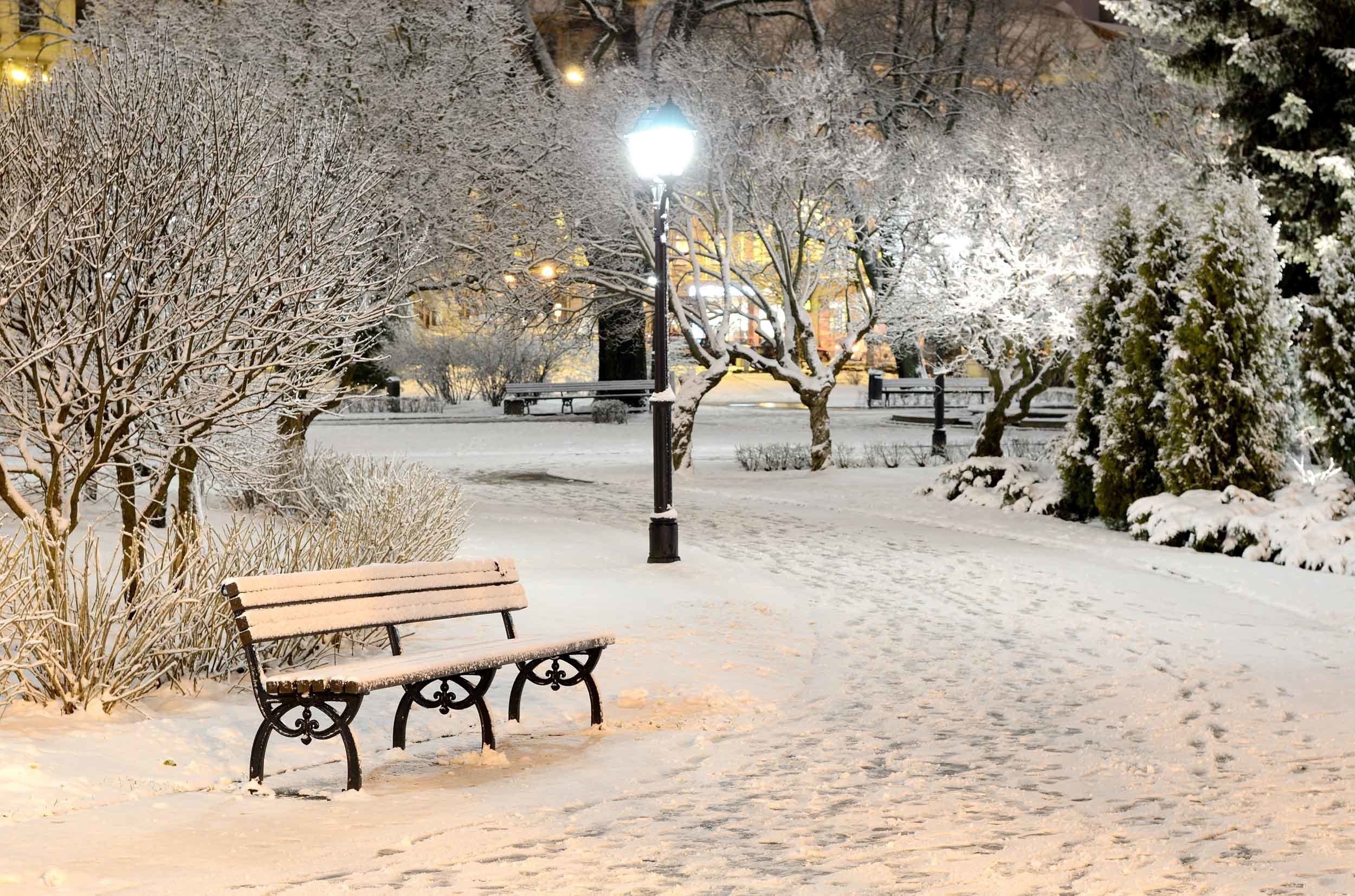 winter, Snow, Landscape, Nature, Bench, Lamp, Post Wallpaper