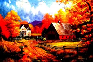 autumn, Fall, Landscape, Nature, Tree, Forest, Leaf, Leaves, Farm, House, Tractor, Rustic, Artwork