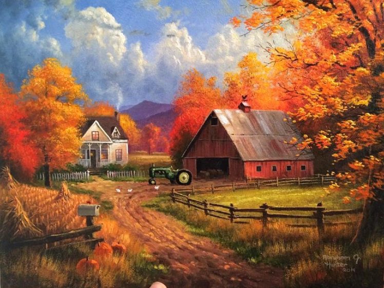 autumn, Fall, Landscape, Nature, Tree, Forest, Leaf, Leaves, Farm, House, Tractor, Rustic, Artwork HD Wallpaper Desktop Background