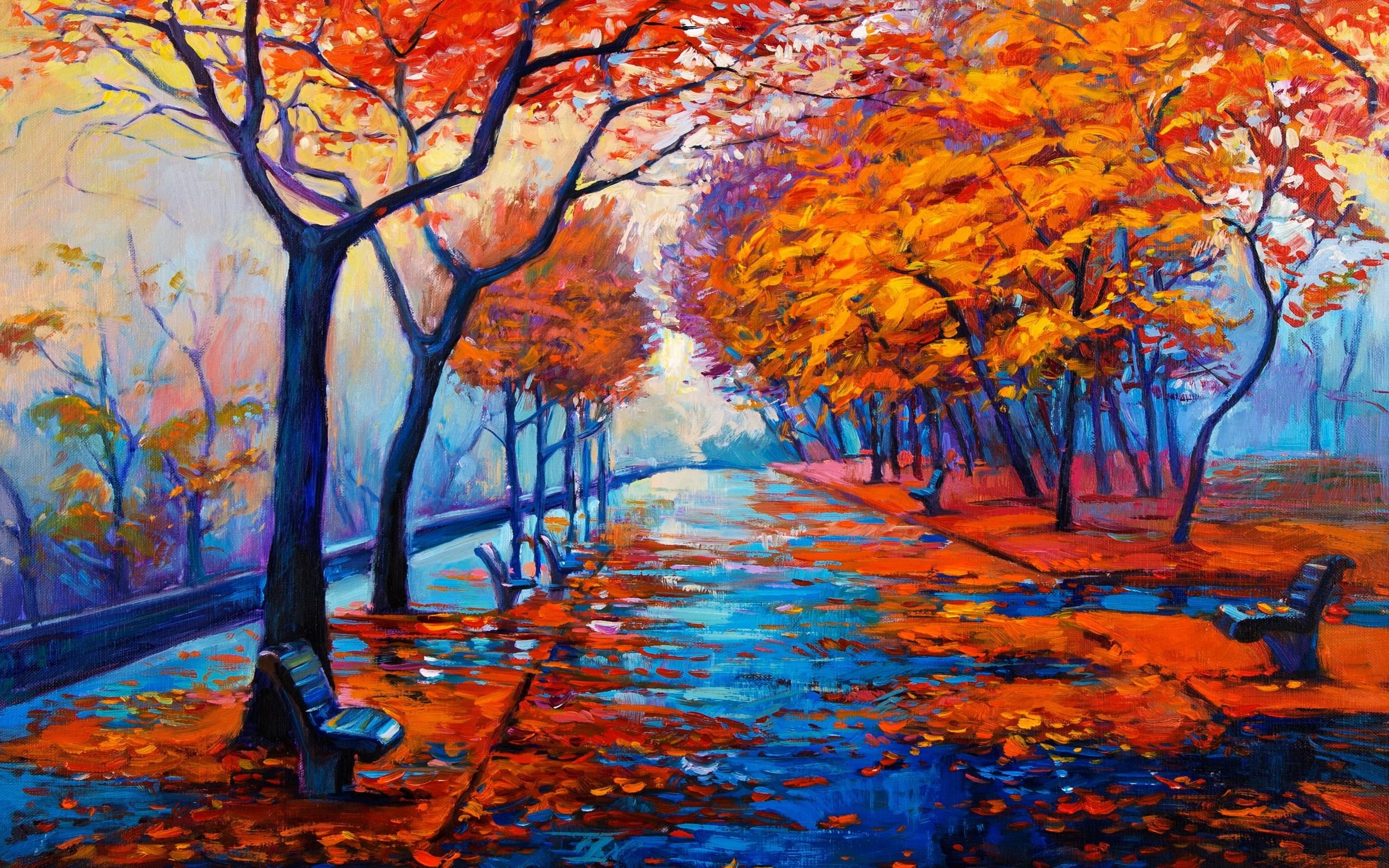 autumn, Fall, Landscape, Nature, Tree, Forest, Leaf, Leaves, Path, Trail, Artwork, Rain Wallpaper