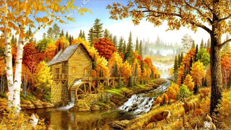 autumn, Fall, Landscape, Nature, Tree, Forest, Leaf, Leaves, Path, Trail, Artwork, Rustic, Frm, Mill, Waterfall, River HD Wallpaper Desktop Background