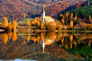 autumn, Fall, Landscape, Nature, Tree, Forest, Leaf, Leaves, Path, Reflection, Lake, Religion, Church