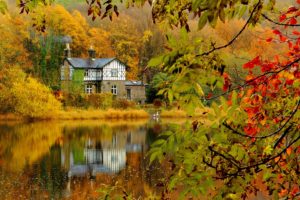 autumn, Fall, Landscape, Nature, Tree, Forest, Leaf, Leaves, House, Lake, Reflection