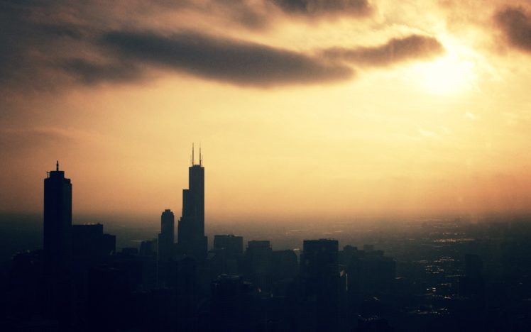 sunset, Cityscapes, Skyline, Dawn, Chicago, Sunlight, Morning, Grainy HD Wallpaper Desktop Background