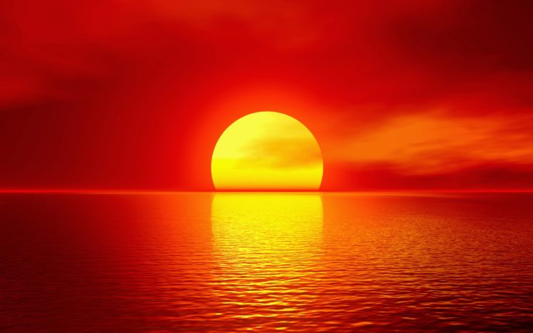 puesta, De, Sol, Rojo, Mar, Cielo HD Wallpaper Desktop Background