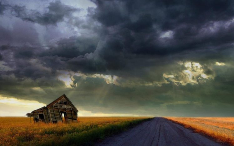 storm, Weather, Rain, Sky, Clouds, Nature, Road, Landscape, House, Ruins HD Wallpaper Desktop Background