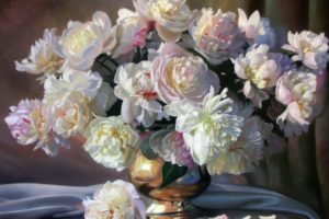 painting, Still, Life, Zbigniew, Kopania, Flowers, Peonies, White, Bouquet, Vase, Petals, Fabric, Painting, Paintings