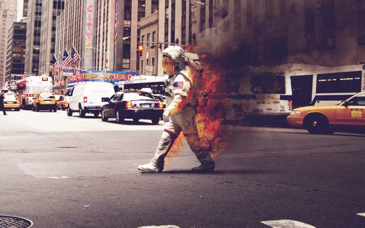 cityscapes, Streets, Riot, Astronauts, New, York, City, On, Fire HD Wallpaper Desktop Background