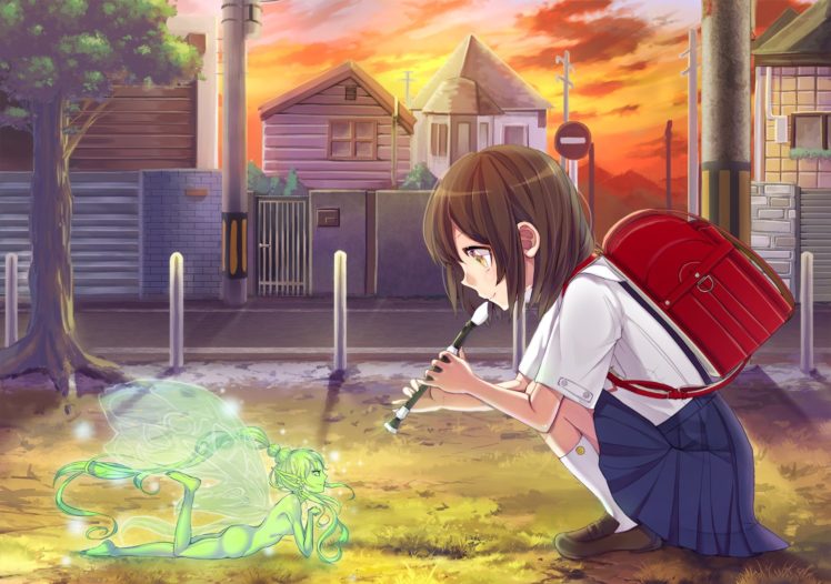 anime, Girl, Fairy, School, Uniform, Cute, Houses, Sunset HD Wallpaper Desktop Background