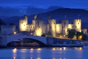 england, Conwy, Castle, North, Wales, England, North, Wales, Castle, Fortress, Bridge, River, Mountain, Night, Evening, Lights, Landscape