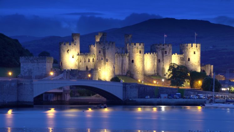 england, Conwy, Castle, North, Wales, England, North, Wales, Castle, Fortress, Bridge, River, Mountain, Night, Evening, Lights, Landscape HD Wallpaper Desktop Background