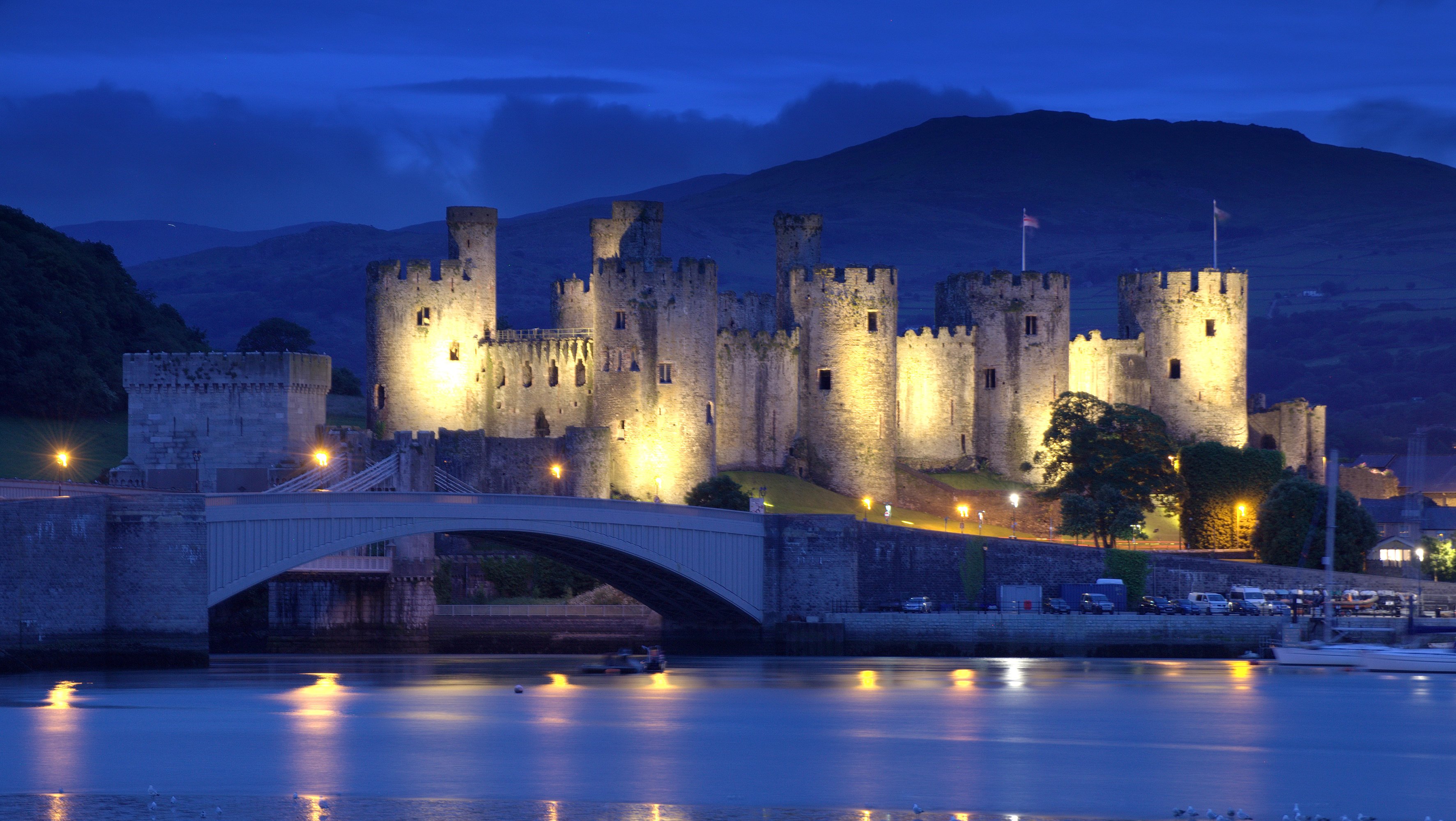 england, Conwy, Castle, North, Wales, England, North, Wales, Castle, Fortress, Bridge, River, Mountain, Night, Evening, Lights, Landscape Wallpaper