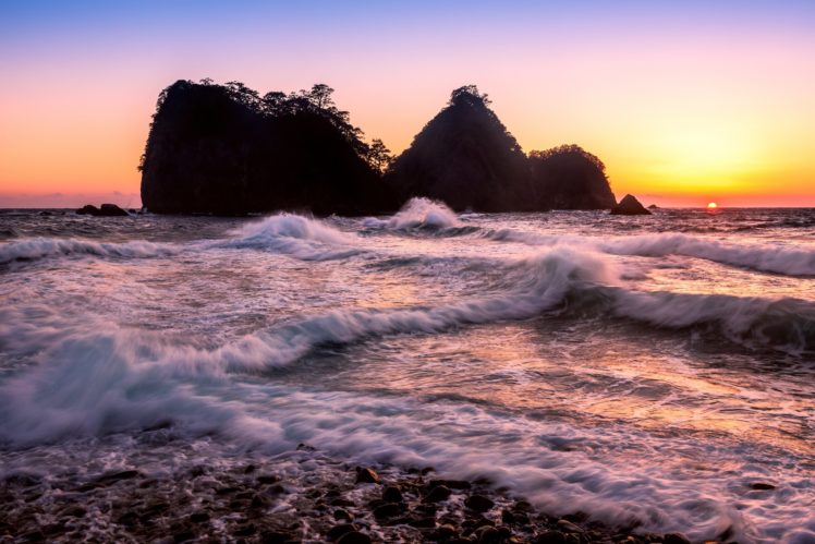 sea, Waves, Rocks, Sun, Sunset HD Wallpaper Desktop Background