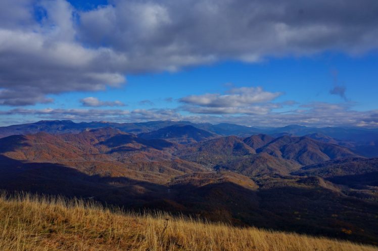 view, Mountains, Peaks, Autumn, Clouds, Caucasus, Sky HD Wallpaper Desktop Background