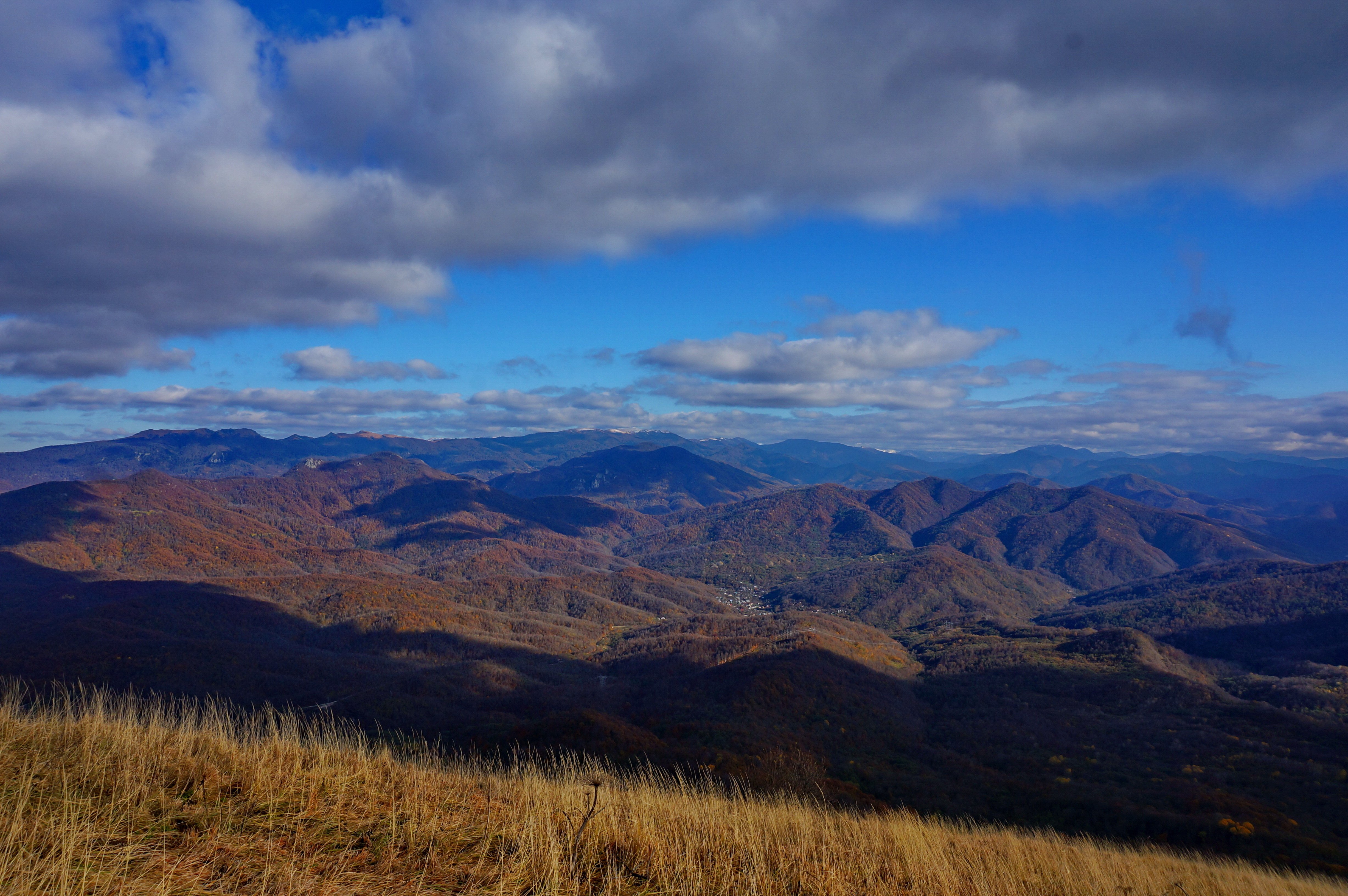 view, Mountains, Peaks, Autumn, Clouds, Caucasus, Sky Wallpaper