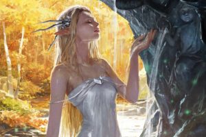 legend, Of, Cryptids, Art, Drawing, Fantasy, Girl, Elf, Pixie, Blonde, Dress, Dress, Wet, Waterfall, Fountain, Sculpture, Statue, Forest, Autumn, Game, Fantasy