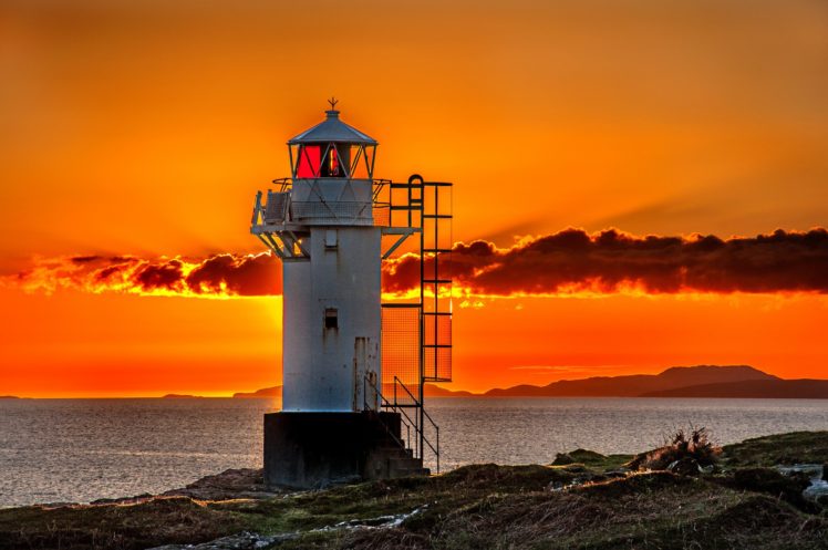sunset, Sun, Sky, Clouds, Sea, Beach, Lighthouse, Landscape HD Wallpaper Desktop Background
