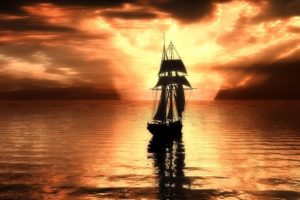 purple, Sunset, Light, Ripples, On, Water, Sail, Reflection, Boat, Ship