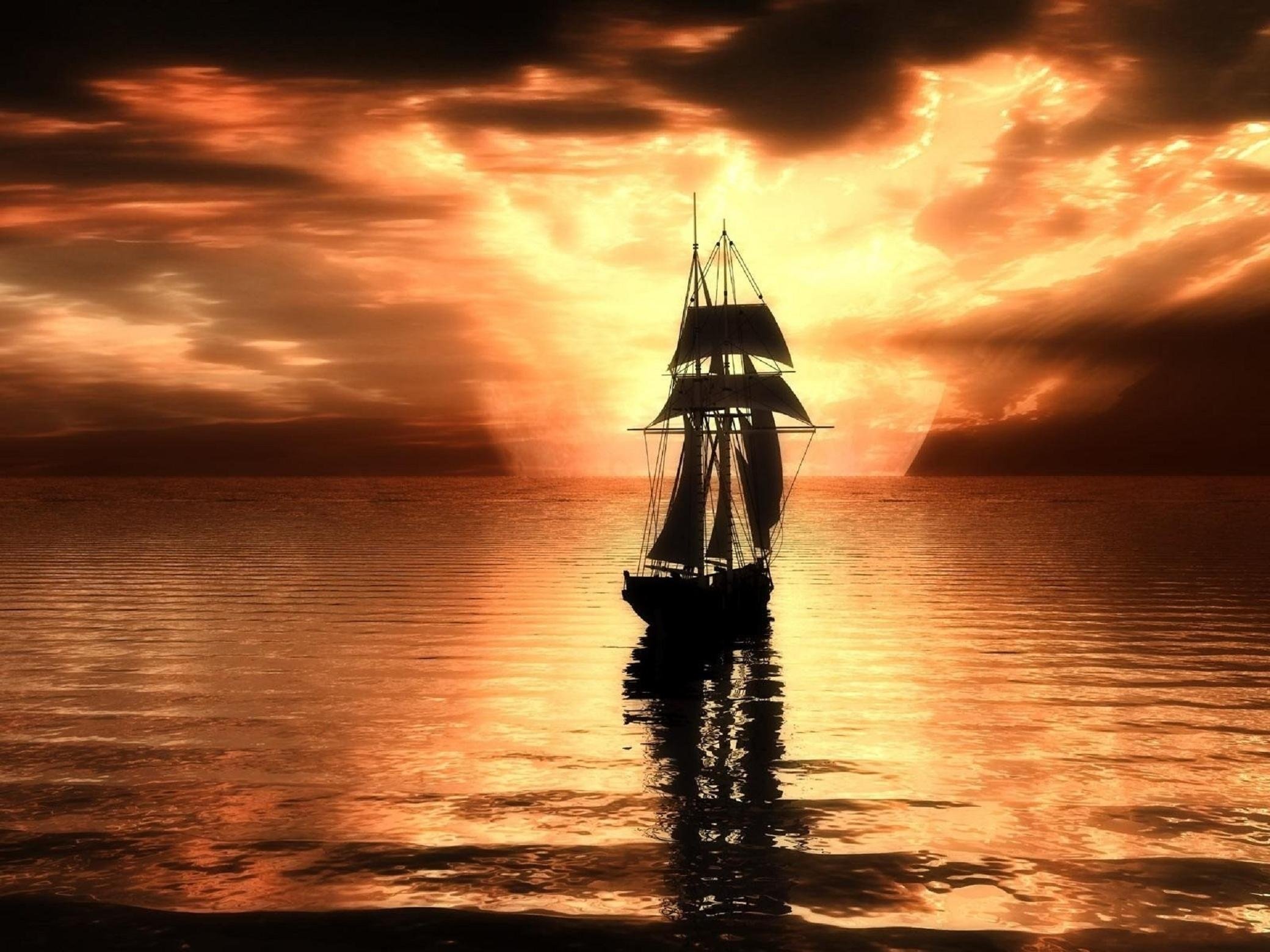 purple, Sunset, Light, Ripples, On, Water, Sail, Reflection, Boat, Ship Wallpaper