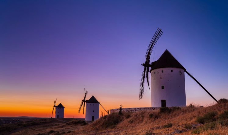 spain, Sky, Glow, Windmill, Sunset, Evening, Nature, Landscape HD Wallpaper Desktop Background