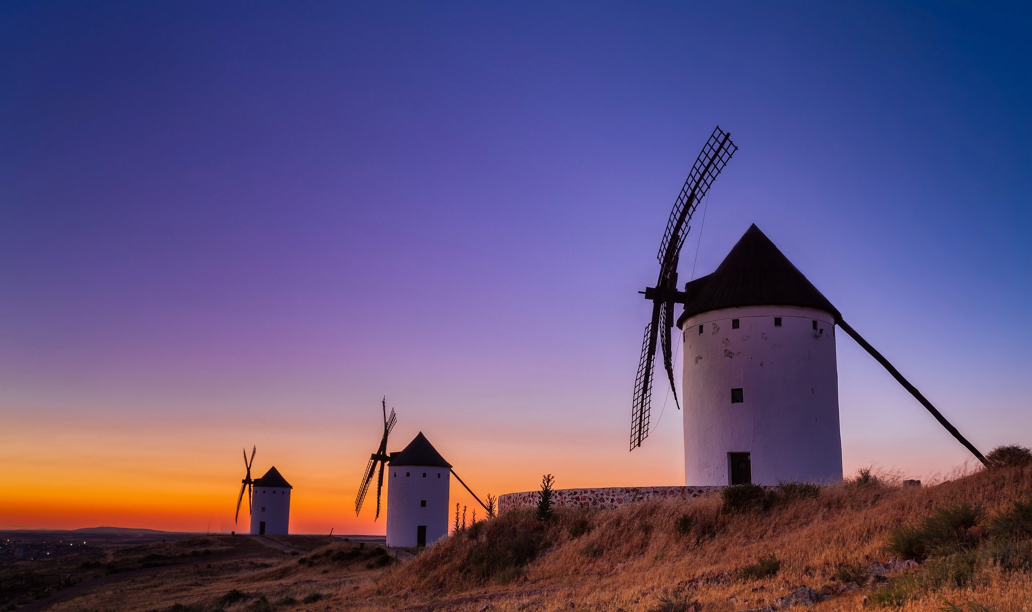 spain, Sky, Glow, Windmill, Sunset, Evening, Nature, Landscape Wallpaper