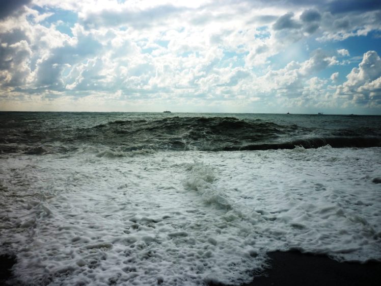sea, Ship, Horizon, Waves, Foam, Storm, Black, Sea, Beach HD Wallpaper Desktop Background