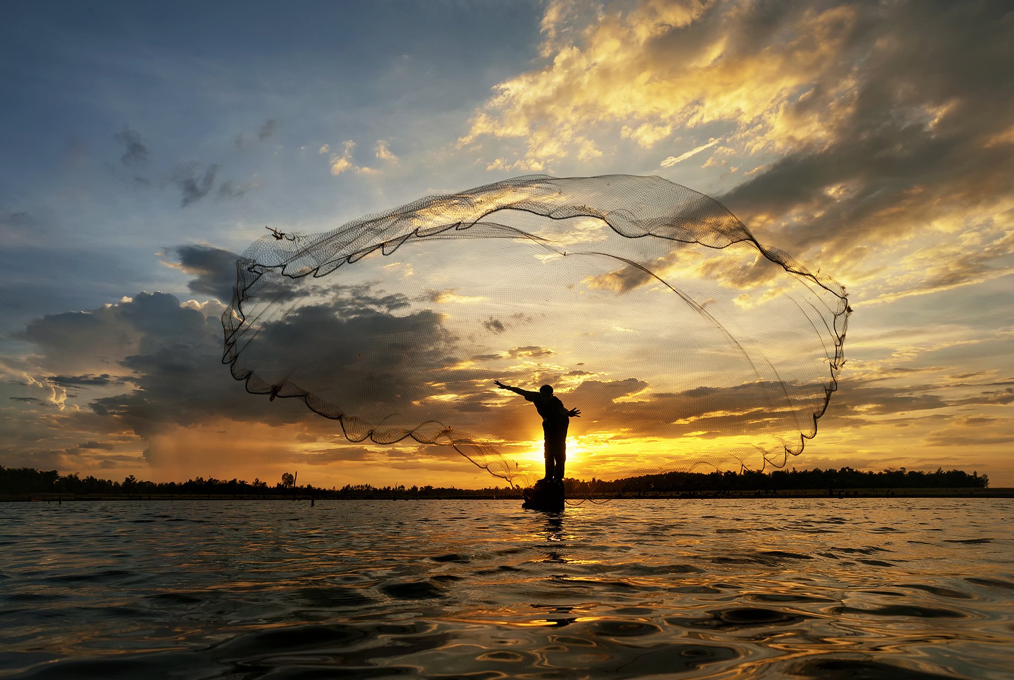 morning, Sunrise, Sun, River, Lake, Boat, Fisherman, Net, Fishing, Mood Wallpaper