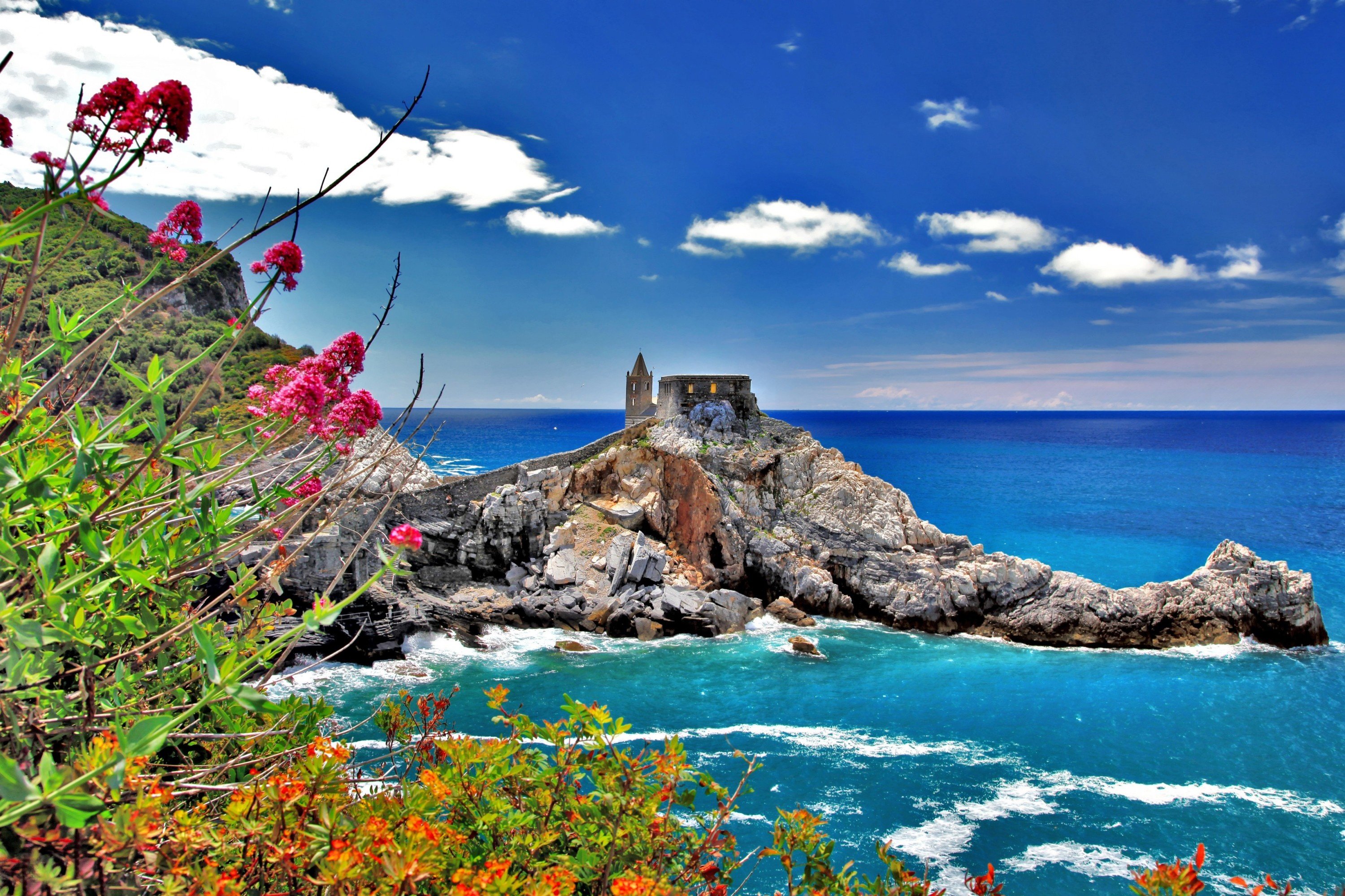 cinque, Terre, Tower, Italy, Sky, Clouds, Nature, Sea, Rocks, Italy, House, Town, Flowers Wallpaper