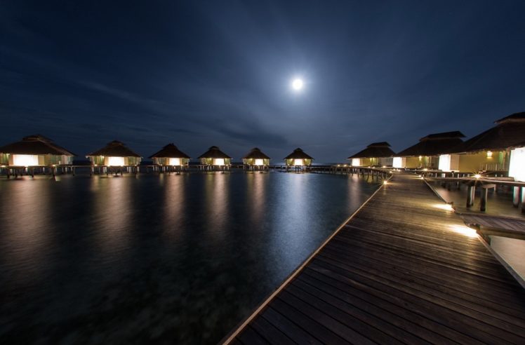 seychelles, Island, Tropical, Sea, Ocean, Night, Moon, House, Resort HD Wallpaper Desktop Background