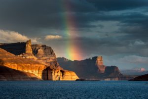 landscape, Rainbow, Colors, Mountains, Rocks, Lake, Water, Sky, Clouds, Nature