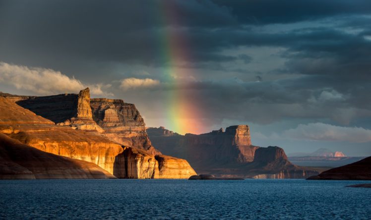 landscape, Rainbow, Colors, Mountains, Rocks, Lake, Water, Sky, Clouds, Nature HD Wallpaper Desktop Background