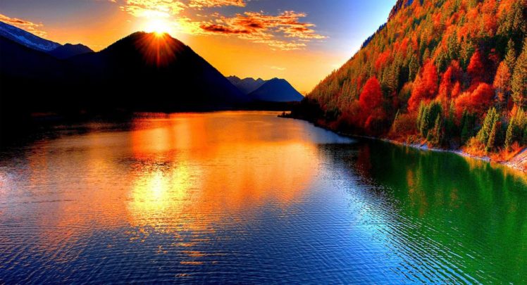 landscape, Sky, Clouds, Sun, Sunset, Mountains, Lake, Forest, Autumn, Color, Beauty, Nature HD Wallpaper Desktop Background
