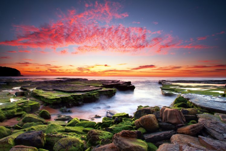 stones, Algae, Sunset, Clouds, Water HD Wallpaper Desktop Background