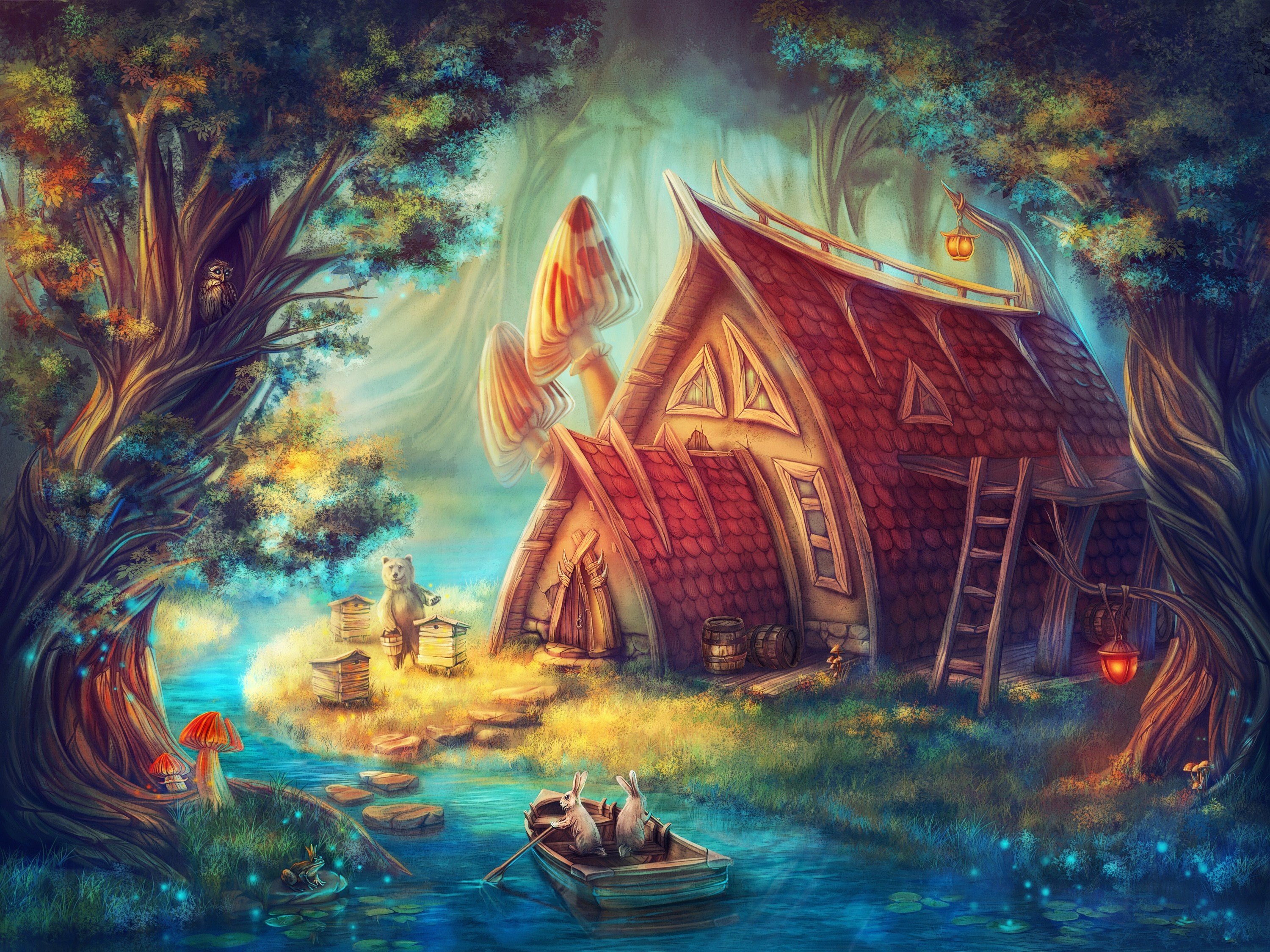 fairy, House, River, Boat, Bear, Rabbits, Fantasy Wallpaper