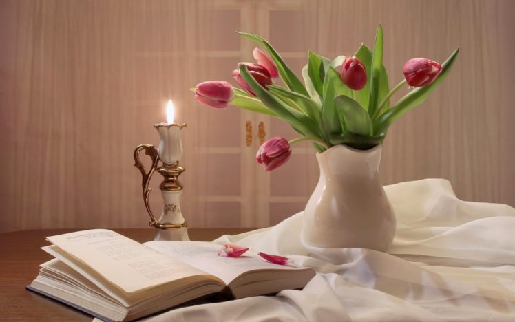 tulips, Buds, Flower, Pitcher, Book, Candle, Petals, Still, Life HD Wallpaper Desktop Background