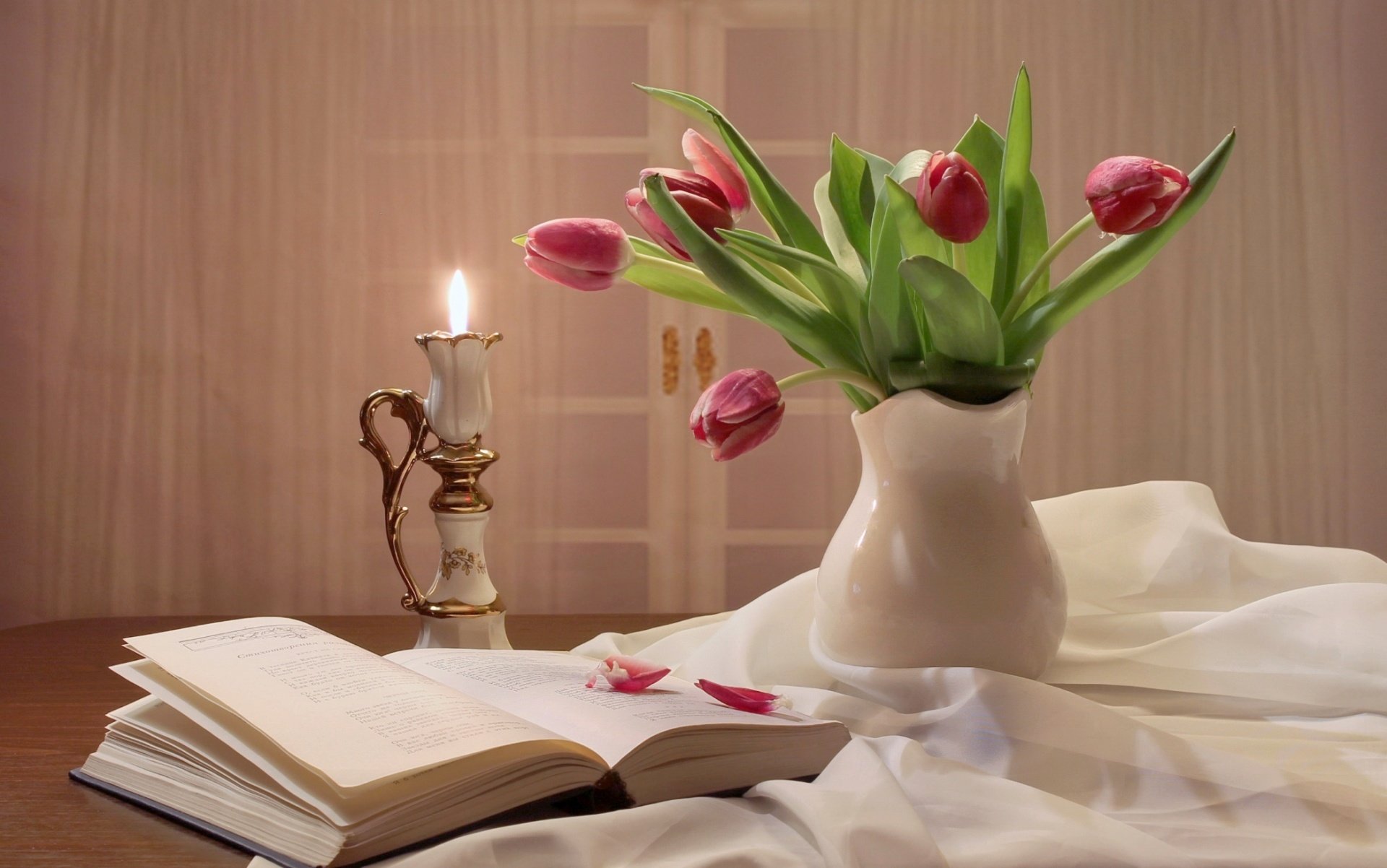 tulips, Buds, Flower, Pitcher, Book, Candle, Petals, Still, Life Wallpaper