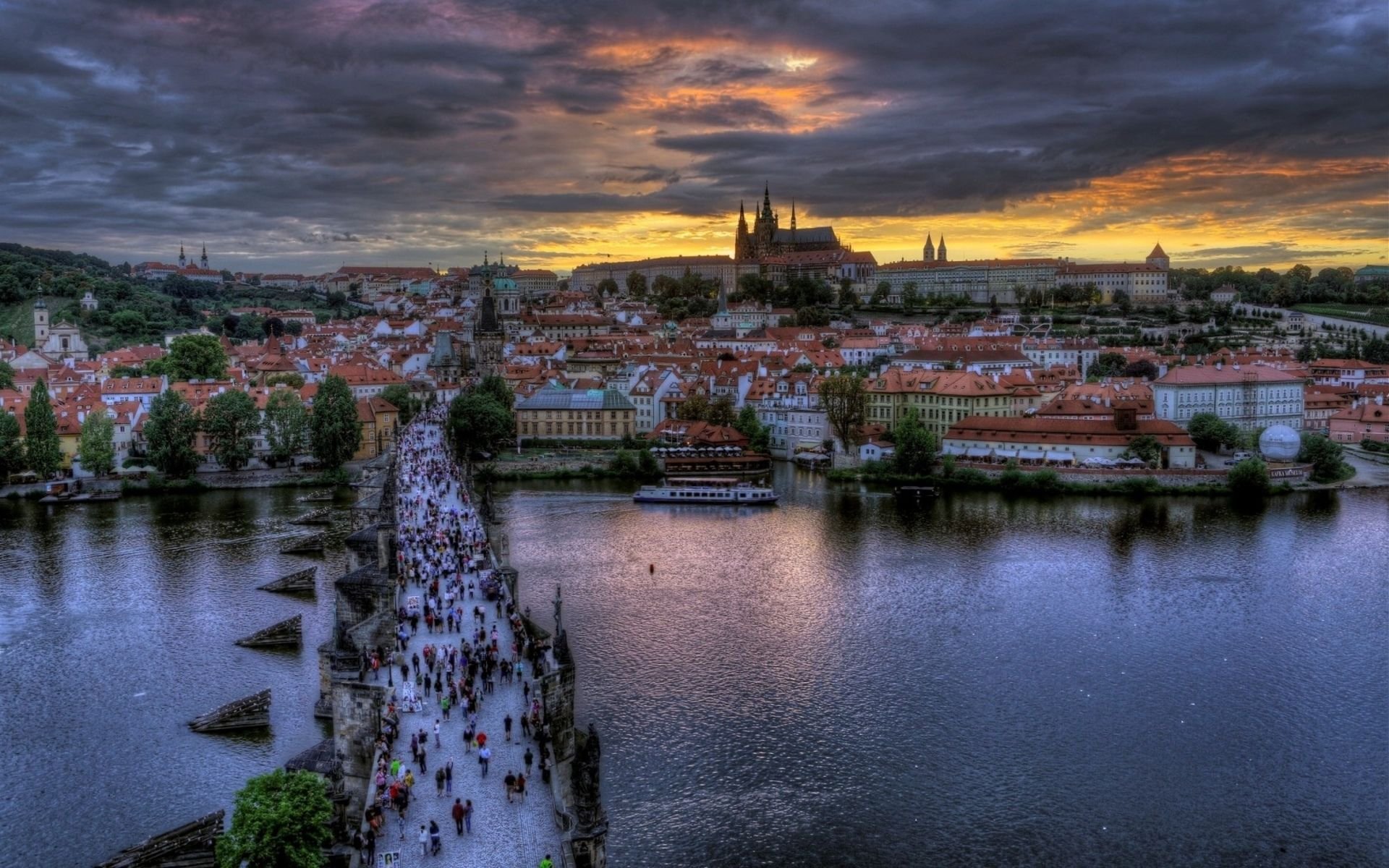 czech, Republic, Prague, Charles, Bridge, In, Prague, City, Buildings, Crowd, The, River, Sunset Wallpaper
