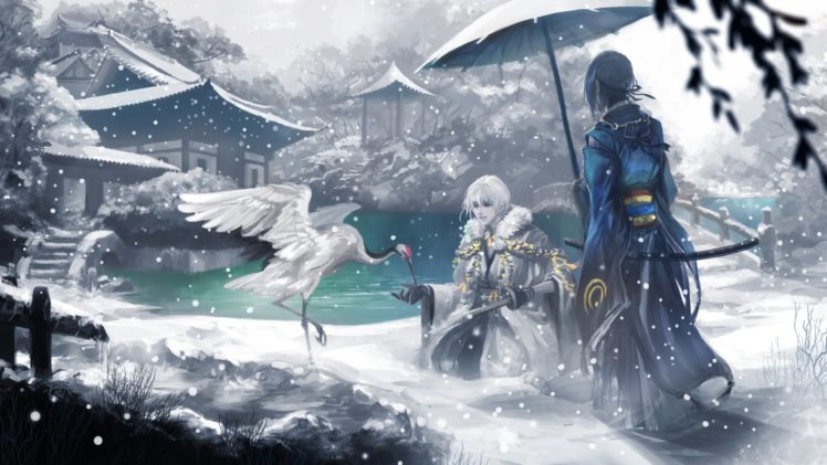 touken, Ranbu, Tsurumaru, Mikazuki, Iceanimal, Anime, Fantasy, Snow HD Wallpaper Desktop Background