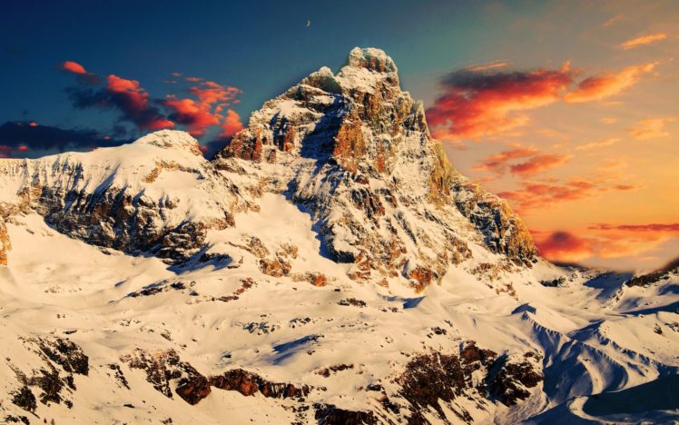 mountain, Snow, Sunset, Sky HD Wallpaper Desktop Background