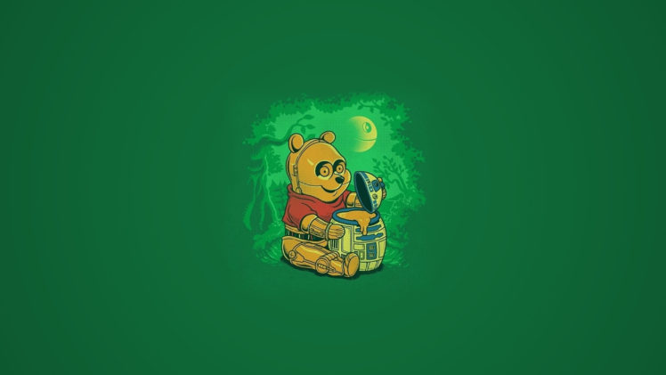winnie, The, Pooh, Honey, Bear, C 3po, R2 d2, Green, Sci fi, Cartoons, Funny, Star, Wars HD Wallpaper Desktop Background