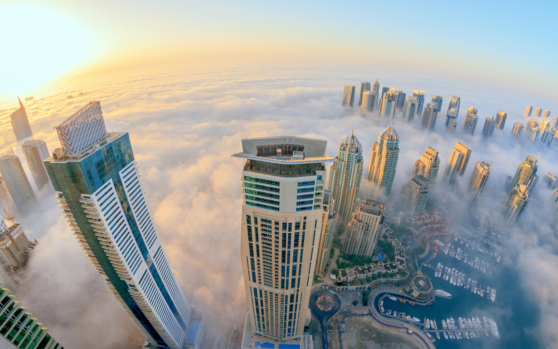 dubai, Buildings, Skyscrapers, Clouds, Fog, Mist, Sunlight, Fisheye Wallpaper