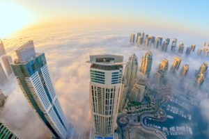 dubai, Buildings, Skyscrapers, Clouds, Fog, Mist, Sunlight, Fisheye