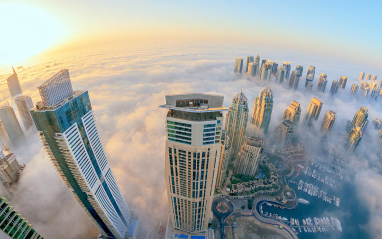 dubai, Buildings, Skyscrapers, Clouds, Fog, Mist, Sunlight, Fisheye HD Wallpaper Desktop Background
