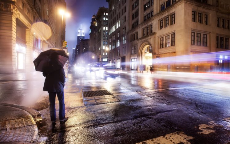 cityscapes, Streets, Night, Cars, Men, New, York, City, Long, Exposure, Umbrellas HD Wallpaper Desktop Background