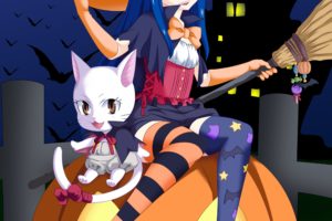 anime, Series, Characters, Fairy, Tail, Girl, Animal, Blue, Eyes, Blue, Hair, Brown, Eyes, Cat, Cloak, Halloween, Happy, Hat, Long, Hair, Moon, Night, Ribbon, Shorts, Sky, Stars, Sweets, Thigh, Highs, Witch